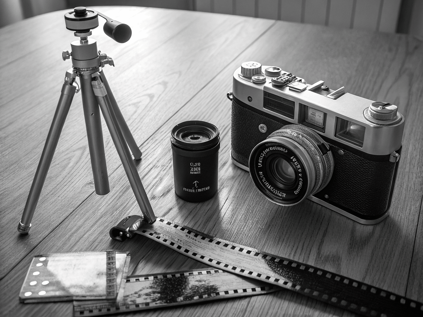 Close up of film photography equipment and prints