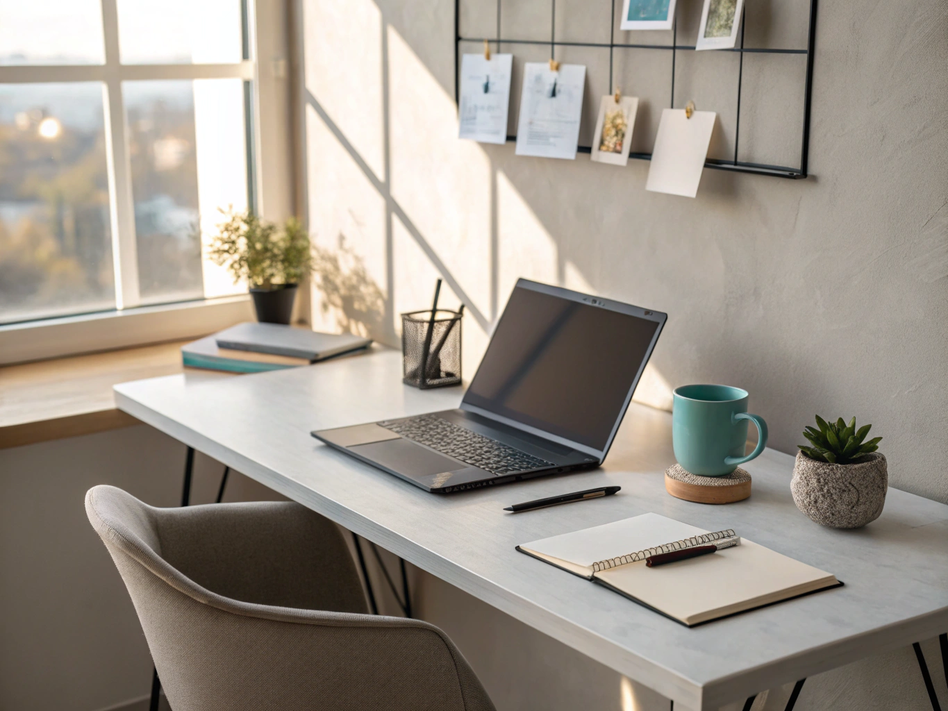 Minimalist desk setup with a notebook and soft lighting